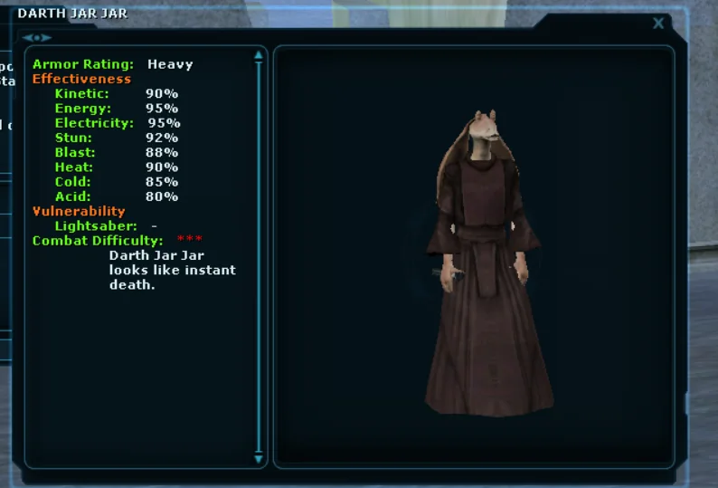 Custom Darth Jar Jar inspection window in SWG New Beginnings