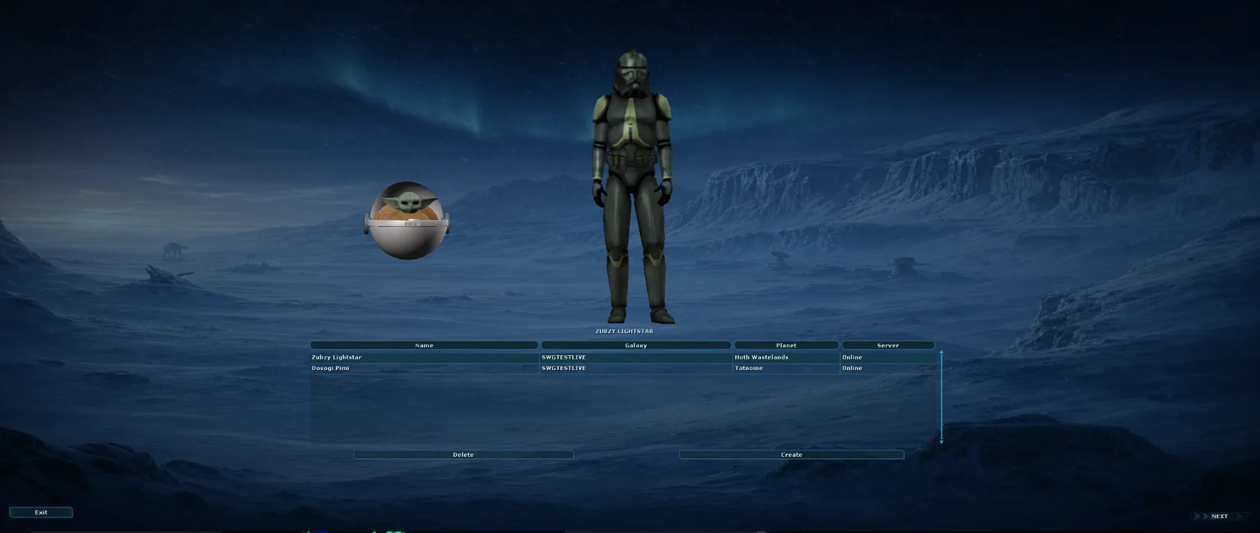 SWG New Beginnings character selection on Hoth with a custom familiar